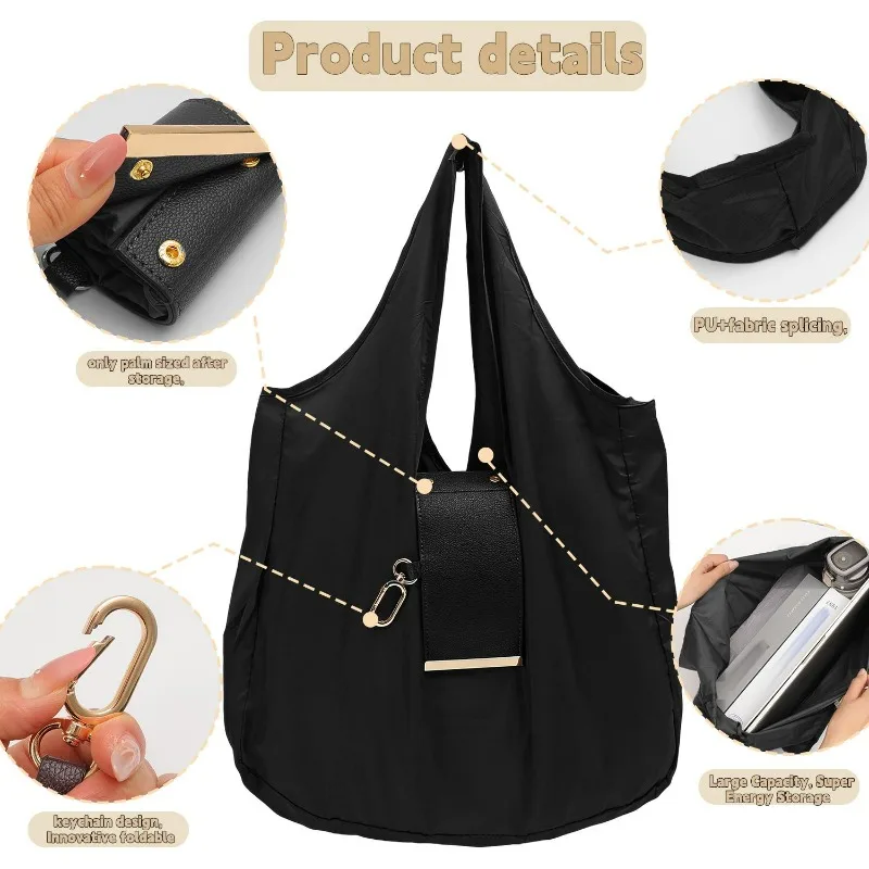 Foldable Tote Bag Women Large Capacity Shoulder Bag Portable Keychain Design Shopping Bag PU Fabric Lightweight Travel Grocery - Image 3