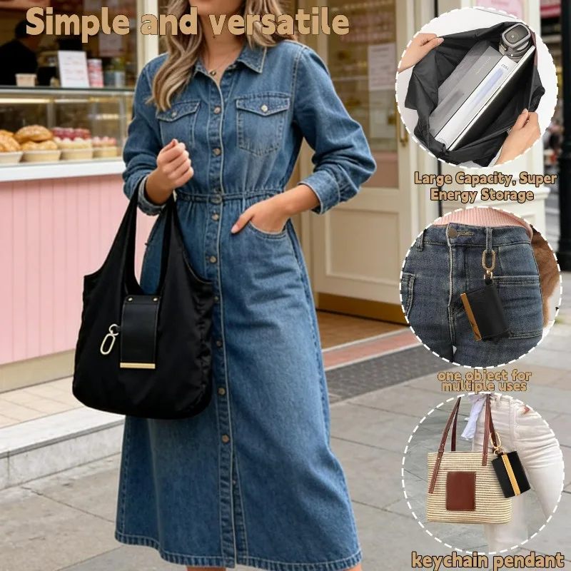 Foldable Tote Bag Women Large Capacity Shoulder Bag Portable Keychain Design Shopping Bag PU Fabric Lightweight Travel Grocery - Image 5